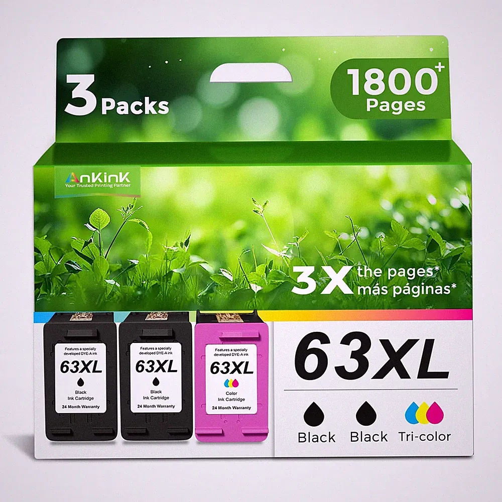 Ankink 63XL Ink Cartridges Replacement for HP 63 XL 2 Black 1 Color Combo 3-P...