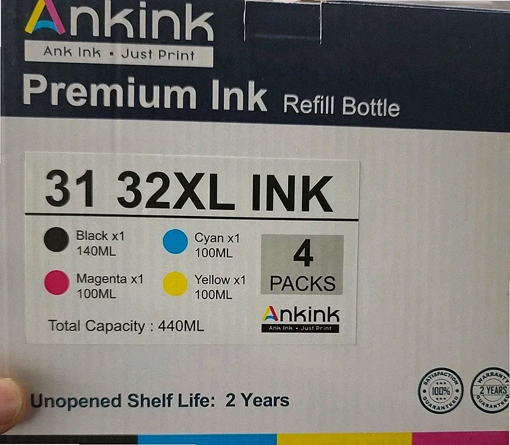 New Ankink 31/32XL Printer Ink 4pack Yellow Magenta Cyan Black Refill Bottles HP